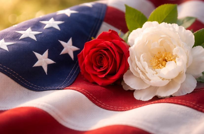 Patriotic floral tribute with red rose and white bloom on U.S. flag, cremation services Bonaire, GA