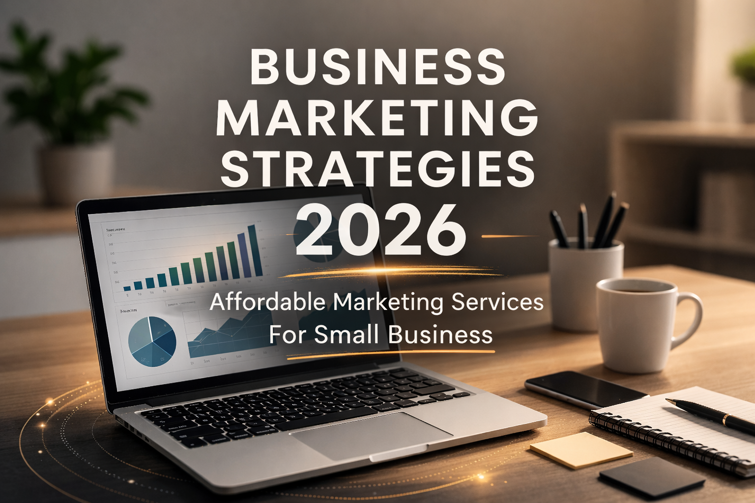 Professional website banner showing a modern desk setup with laptop displaying marketing analytics,