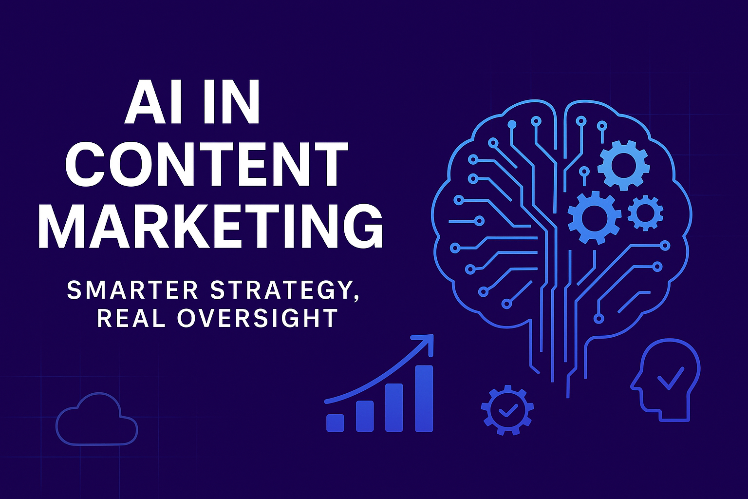 AI content marketing strategy 2025 blog banner featuring circuit-style brain, growth graph, and branding icons in bold MMG brand colors on a dark tech-inspired background.