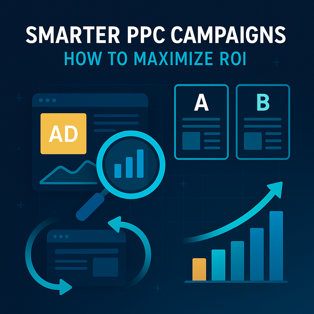 High-tech PPC optimization graphic showing magnifying glass over ad dashboard, split-screen A/B test