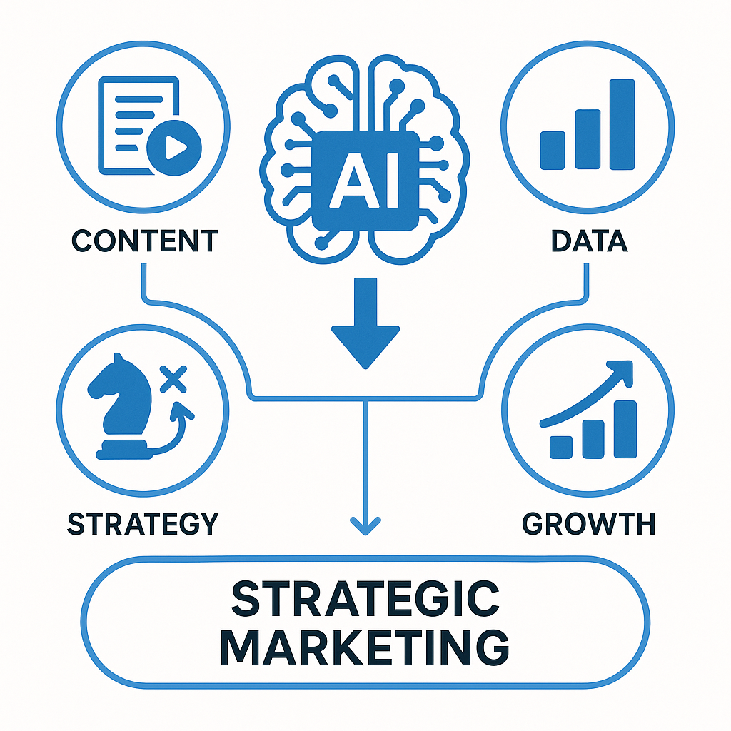 Infographic showing how AI powers strategic marketing through content, data, strategy, and growth.