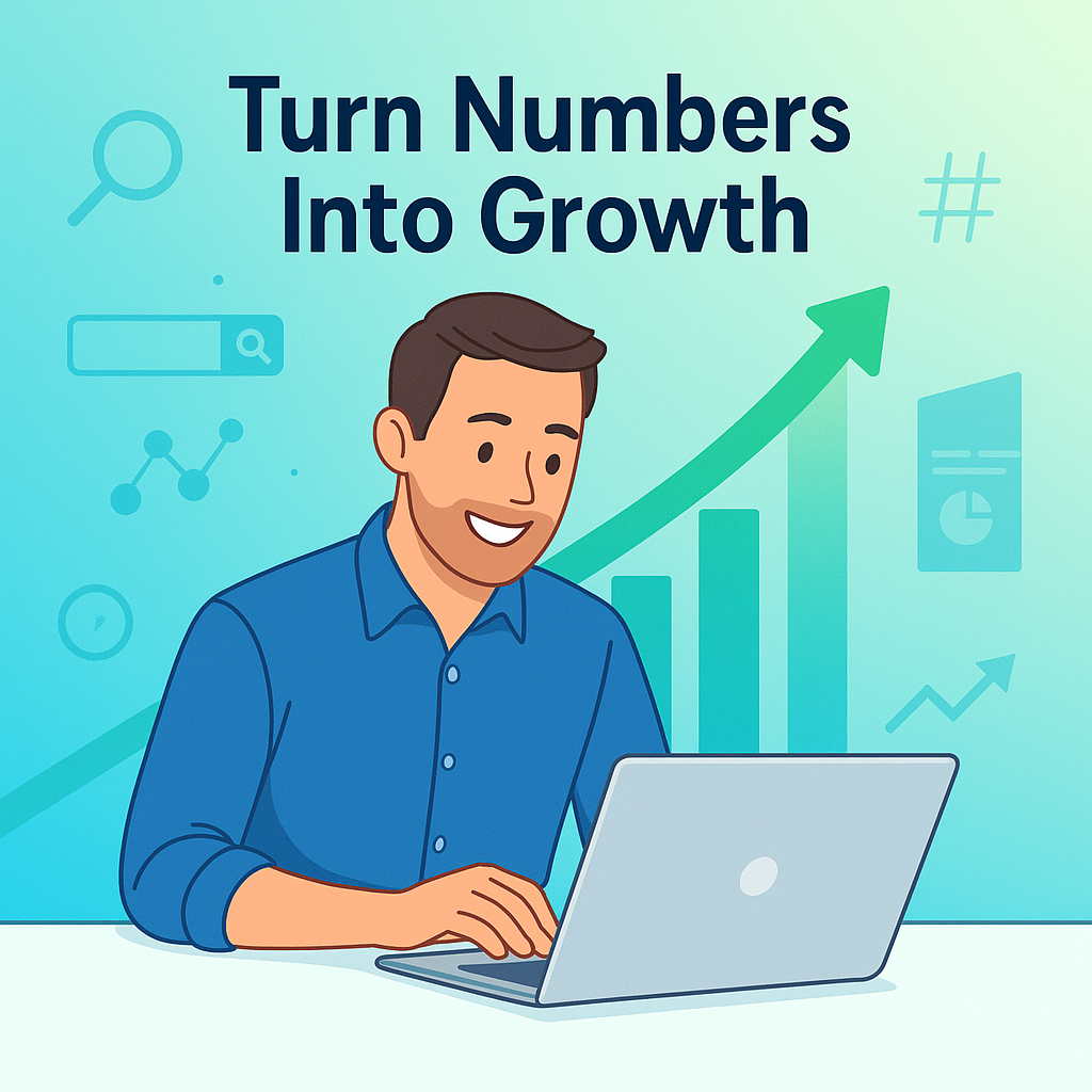 Friendly business owner smiling at laptop with upward-trending charts and digital marketing