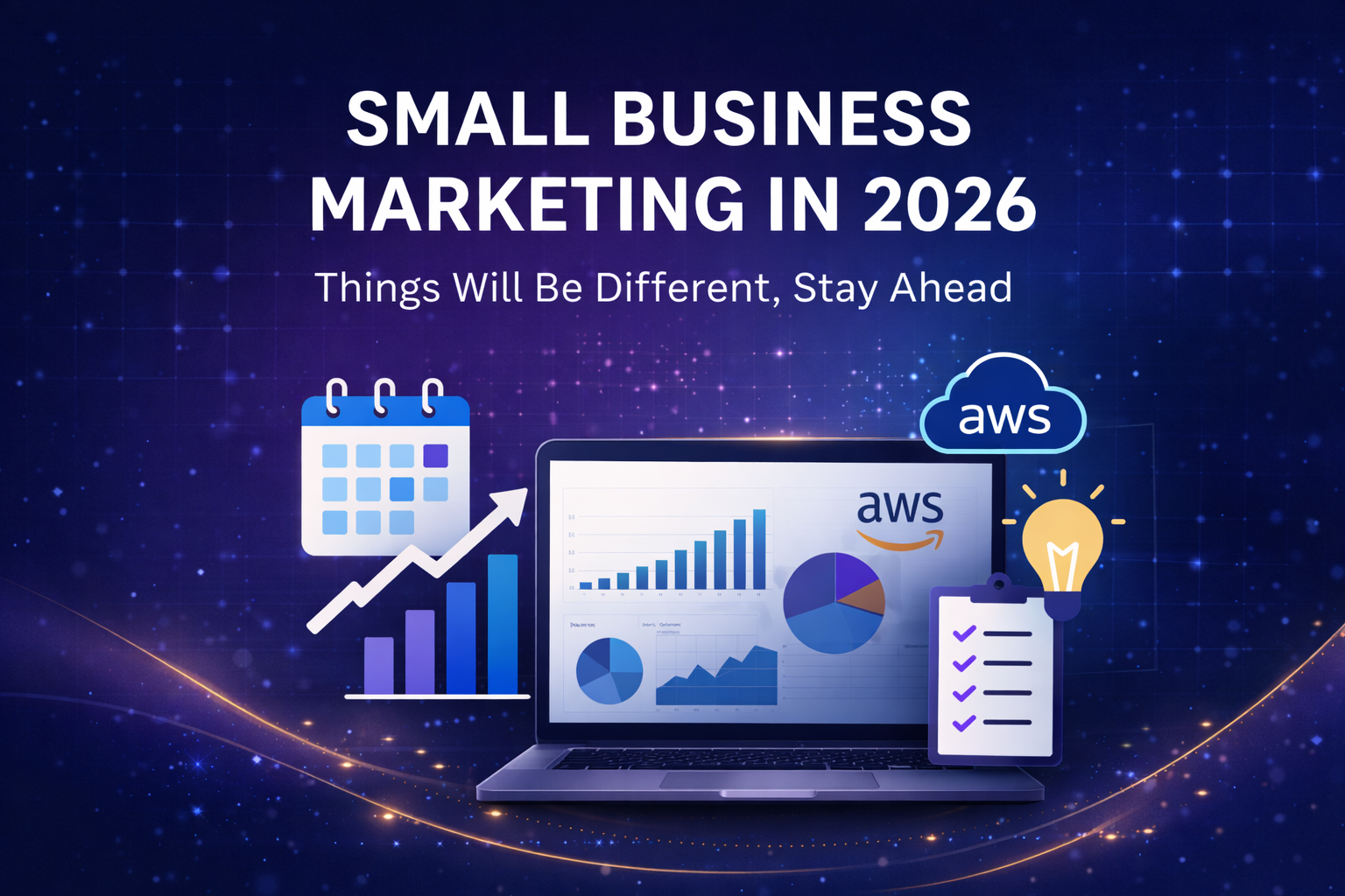 Small business marketing strategy 2026 graphic by Mercier Marketing Group featuring AWS hosting, SEO optimization, digital advertising, analytics dashboards, and data-driven growth solutions for Florida and nationwide businesses.