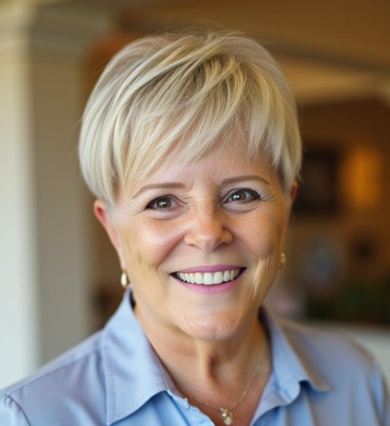 A woman wearing glasses and a black sweater smiles for the camera