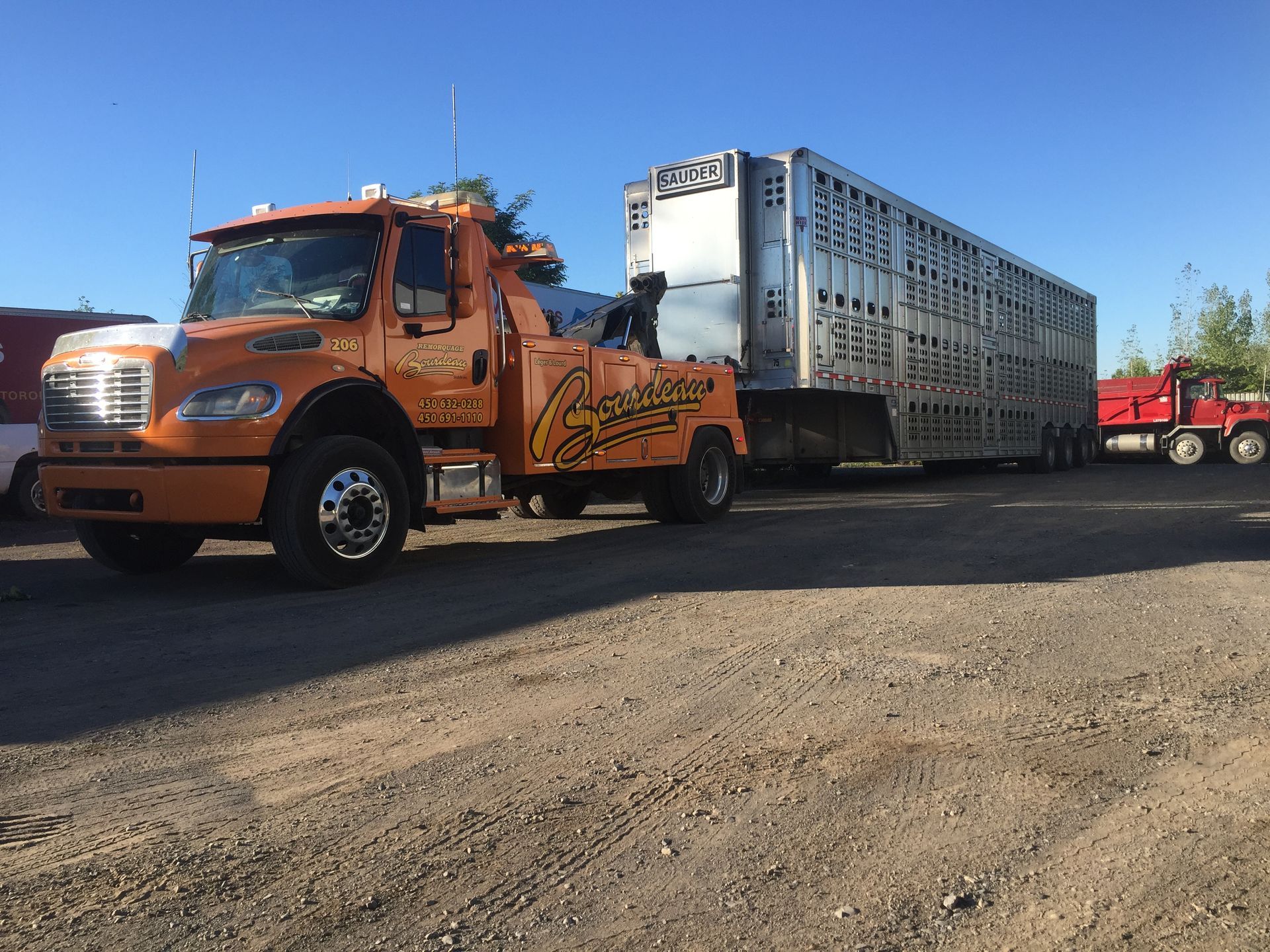 Une dépanneuse orange tracte une grande remorque à bétail sur un terrain en gravier. Un autre camion rouge est visible en arrière-plan.