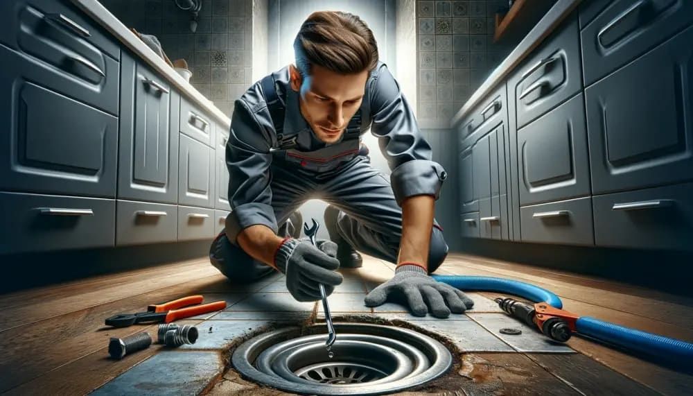 A plumber is kneeling down in a kitchen to fix a drain.