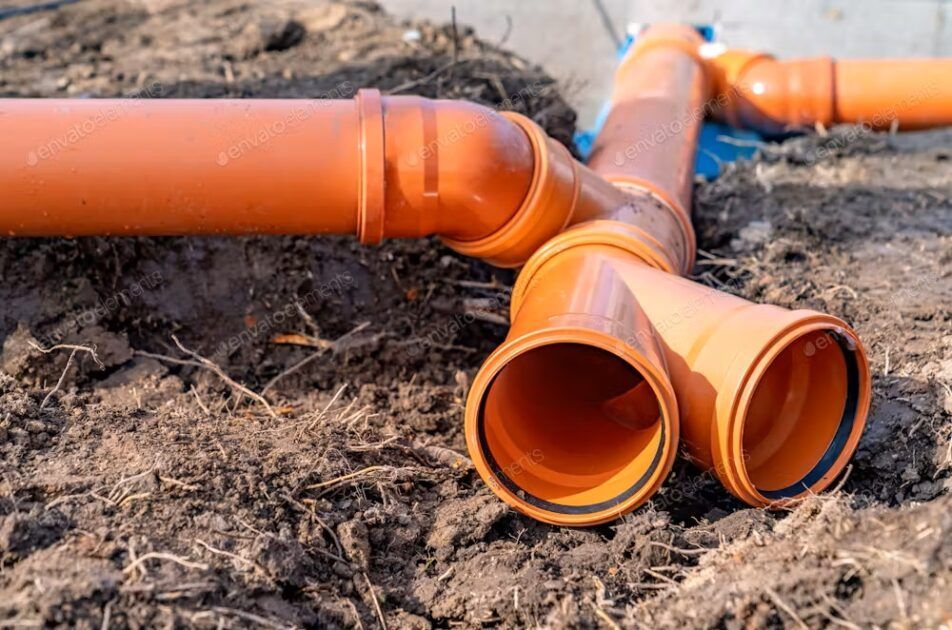 A bunch of orange pipes are laying in the dirt.