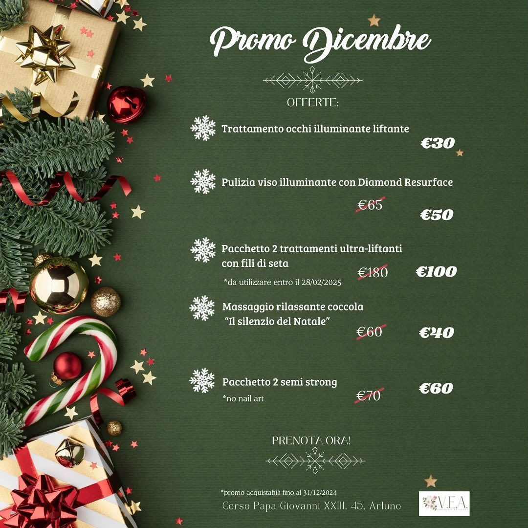 Volantino promozionale natalizio su sfondo verde con decorazioni festive, che elenca le opzioni dei pacchetti e i prezzi in euro.