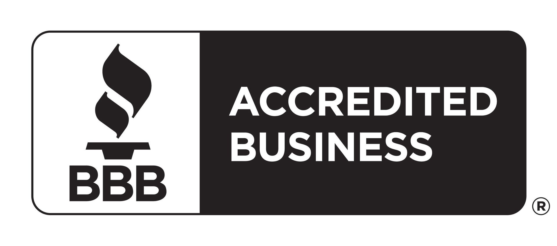 BBB Accredited Business logo, black and white with flame icon and text.