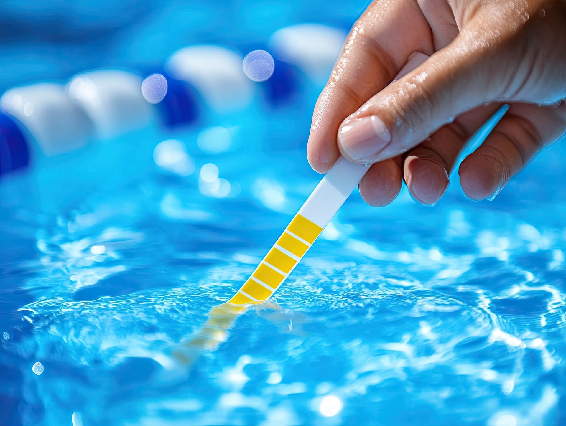 A person is holding a test strip over a swimming pool.