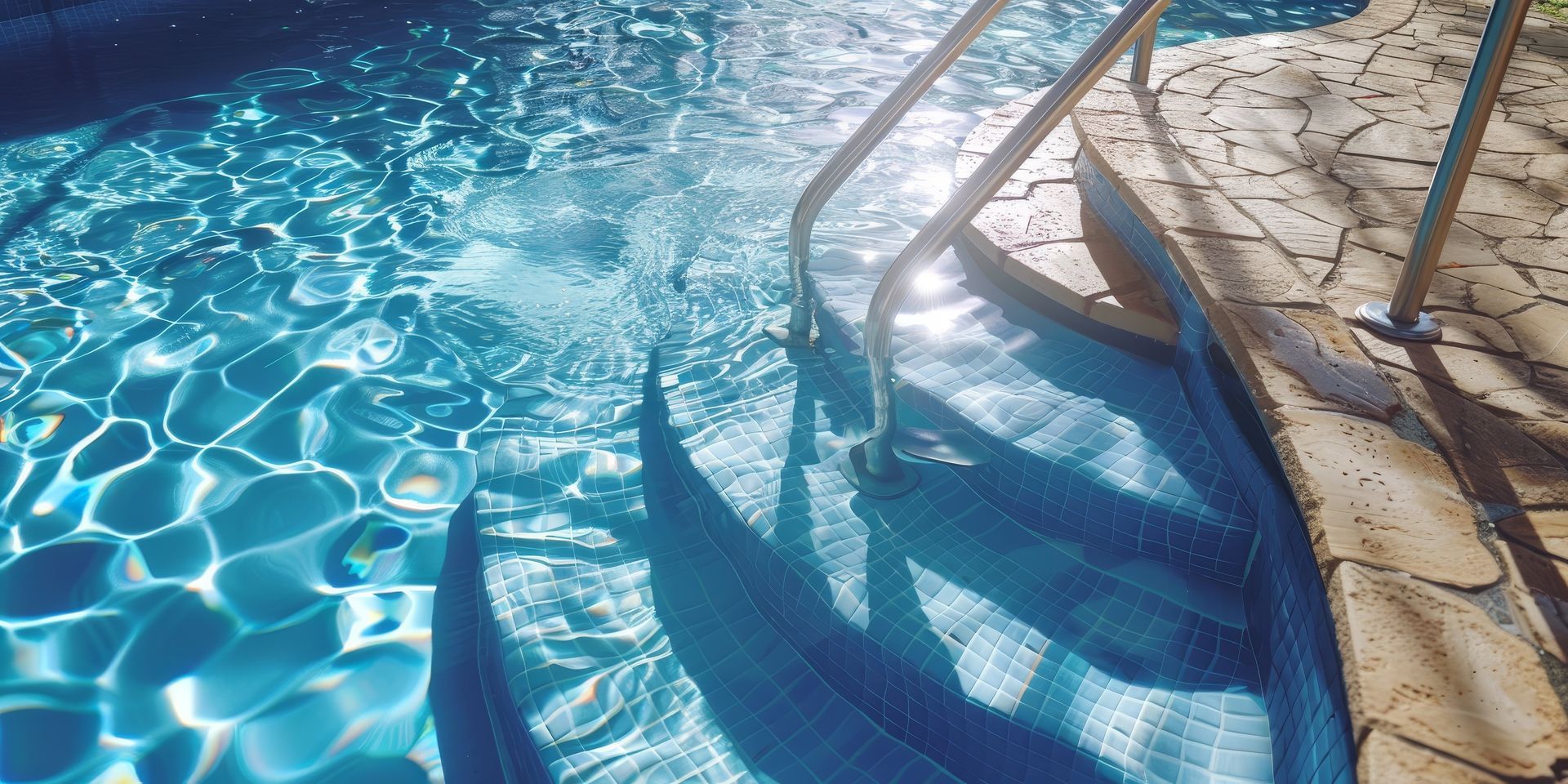 The sun is reflected in the water of a swimming pool.