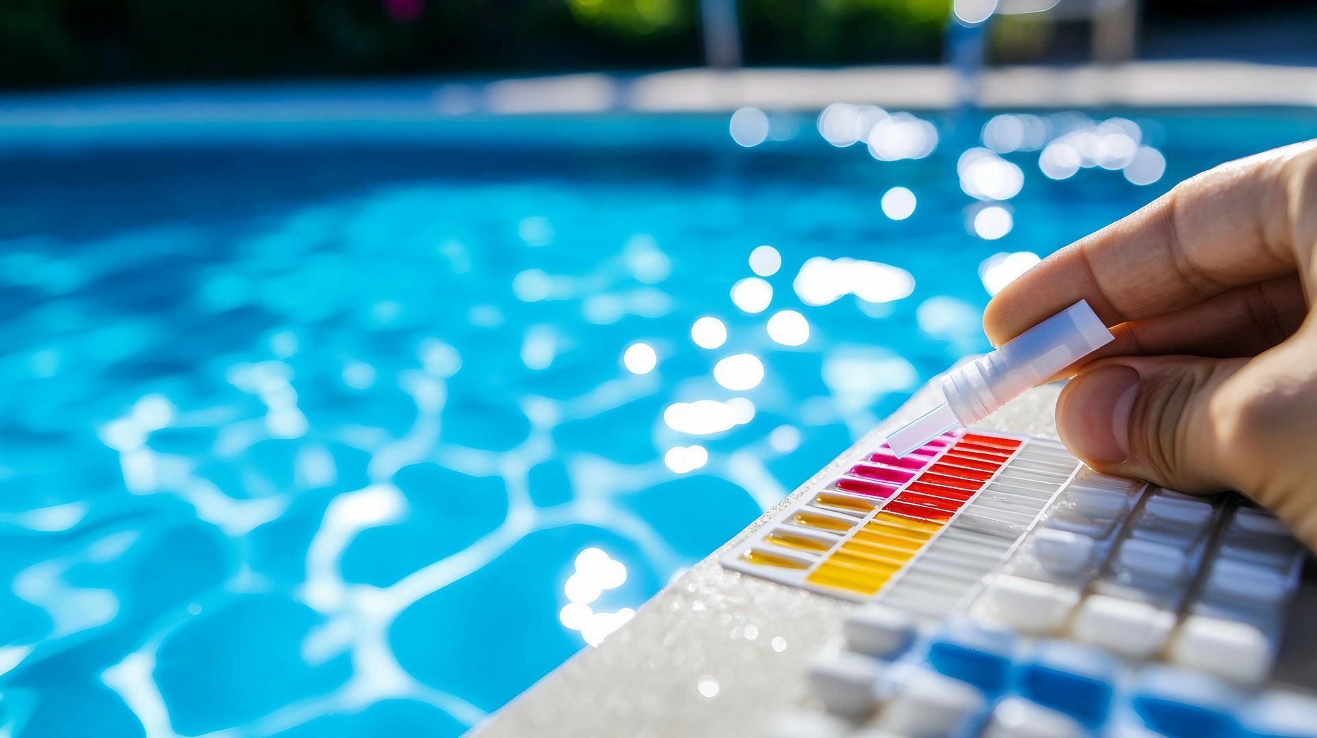 A person is testing the water in a swimming pool with a test kit.