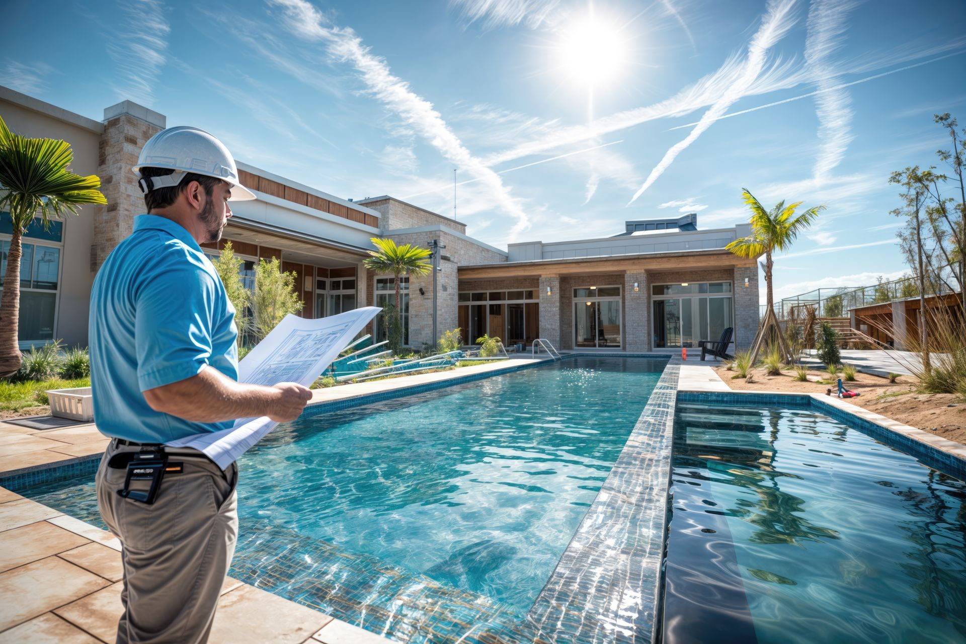 A man is standing next to a swimming pool holding a blueprint.