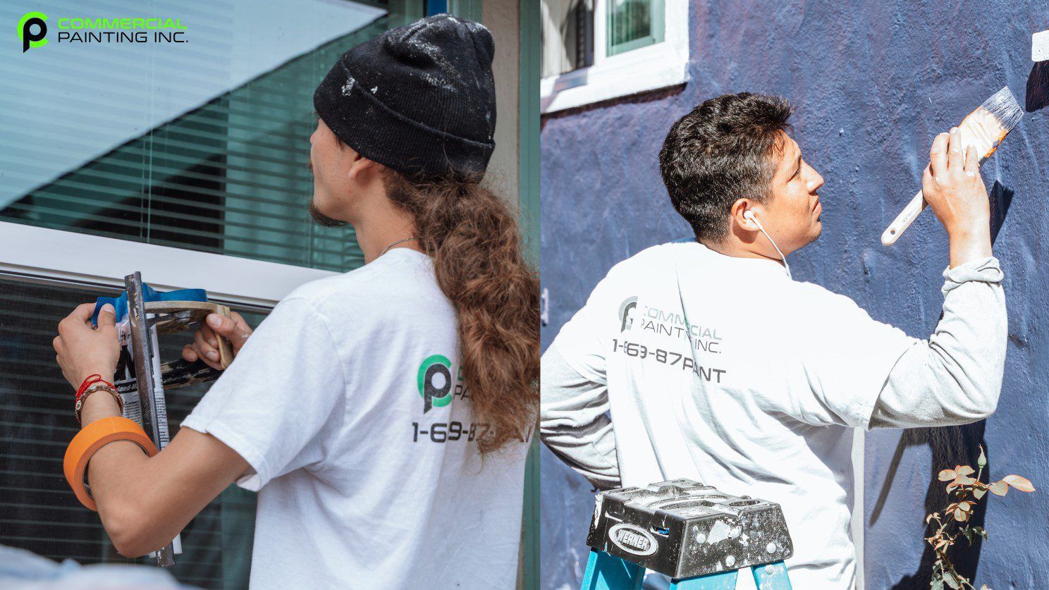 Two men are standing next to each other painting a wall.