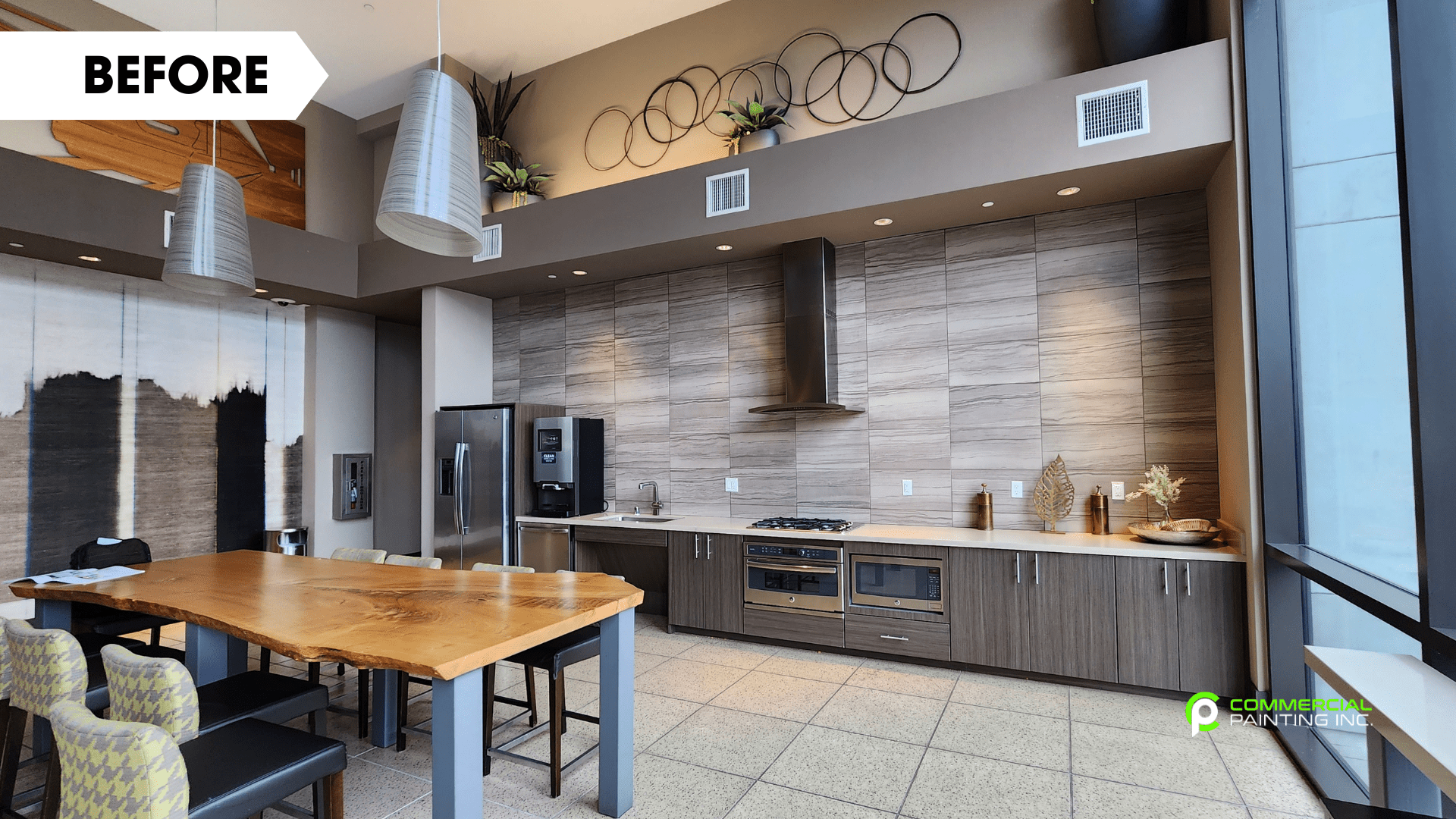 A before and after photo of a kitchen with a table and chairs.