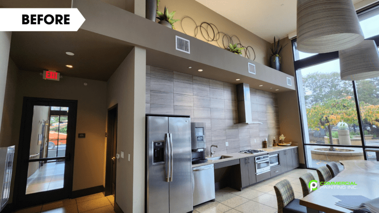 A before and after photo of a kitchen with stainless steel appliances.