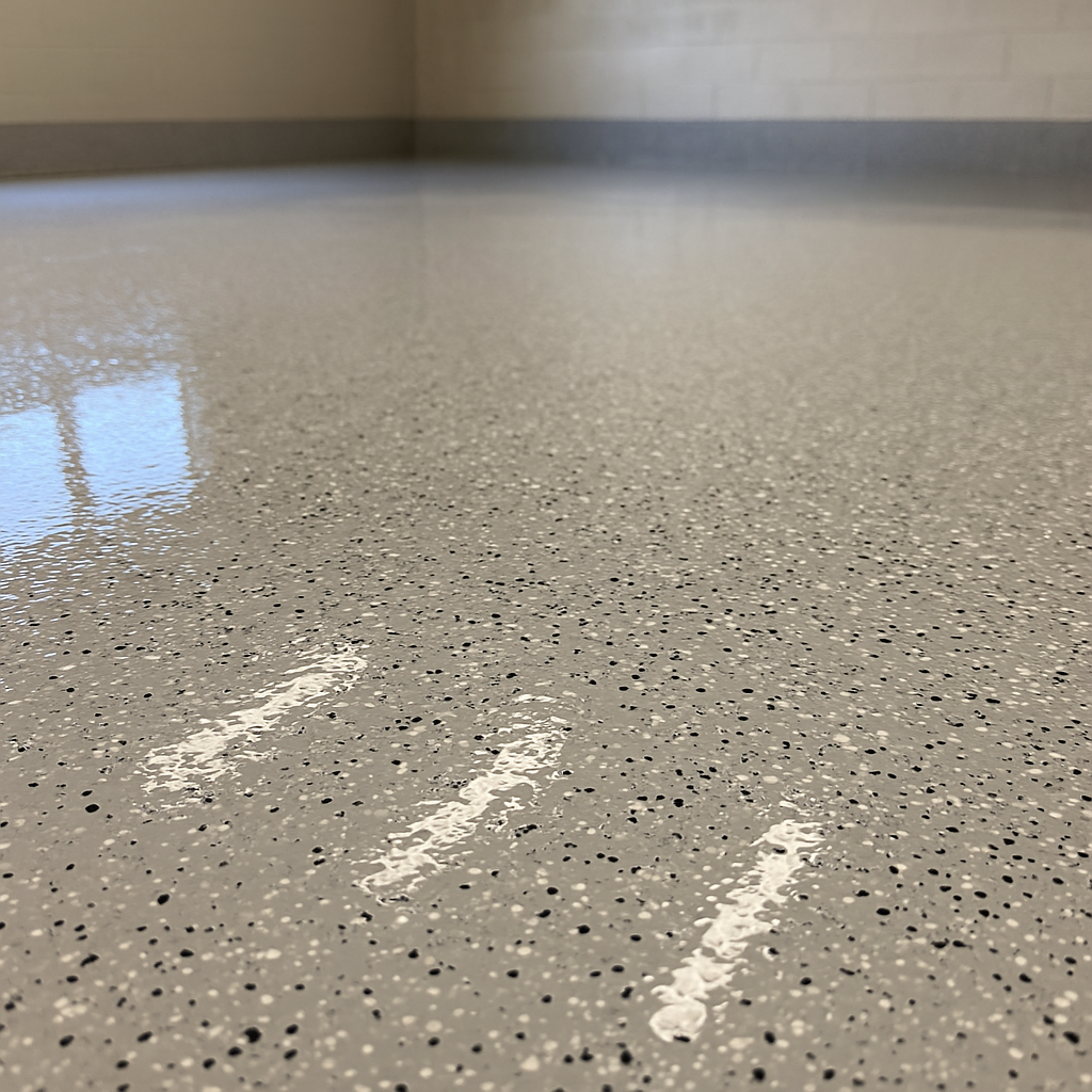 Close-up of a speckled, epoxy-coated floor in shades of gray, black, and white with reflections.