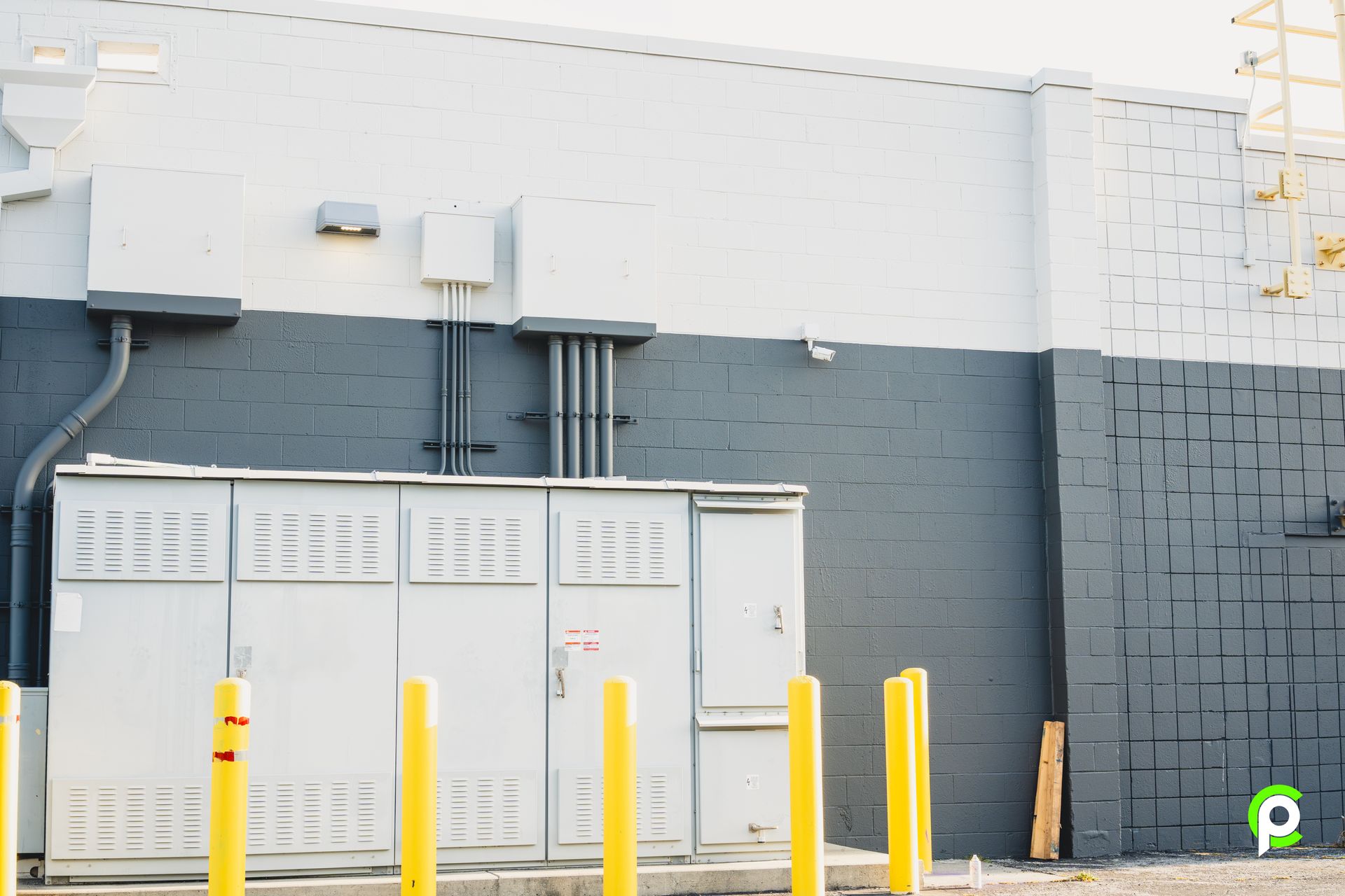 A gray and white building with yellow poles in front of it