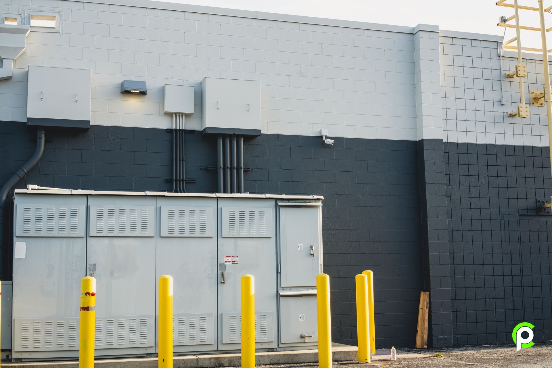 A black and white building with yellow poles in front of it