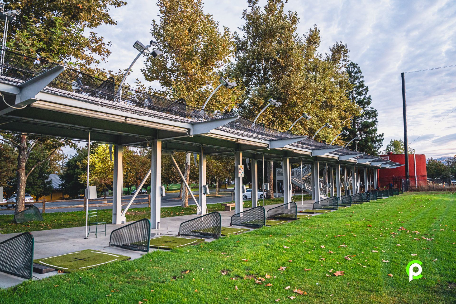 A row of golf balls are sitting on top of a lush green field.