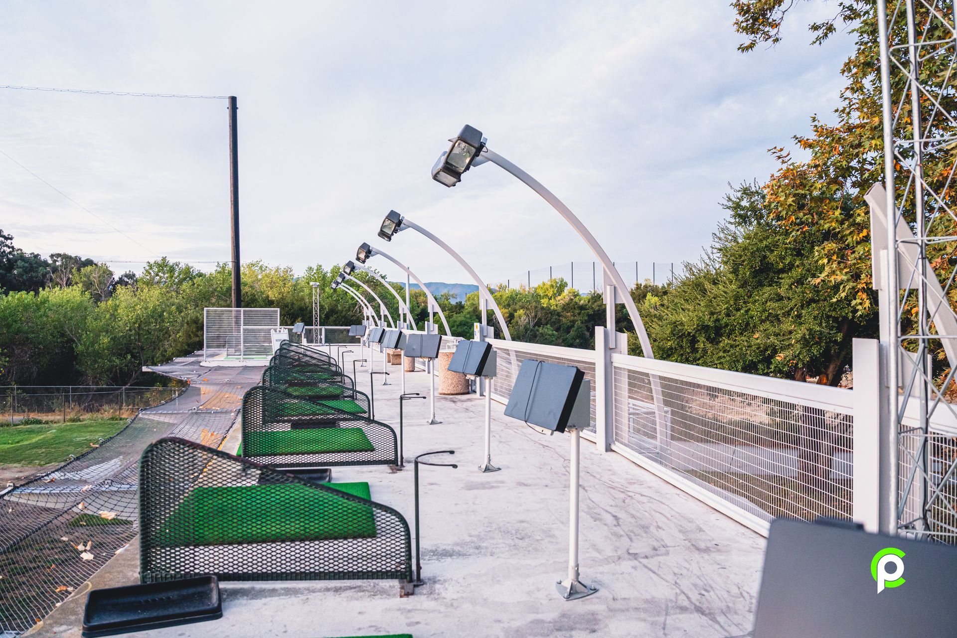 A row of golf balls are lined up in a row on a golf course.
