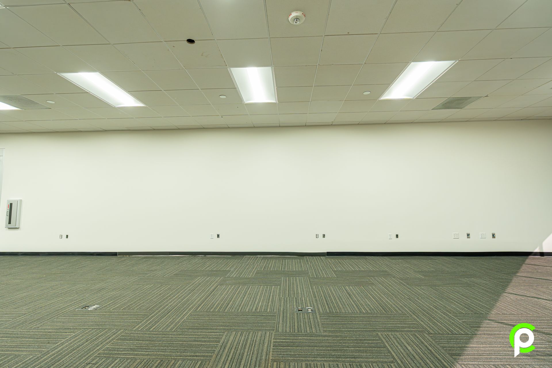 A large empty room with a carpeted floor and a white wall.