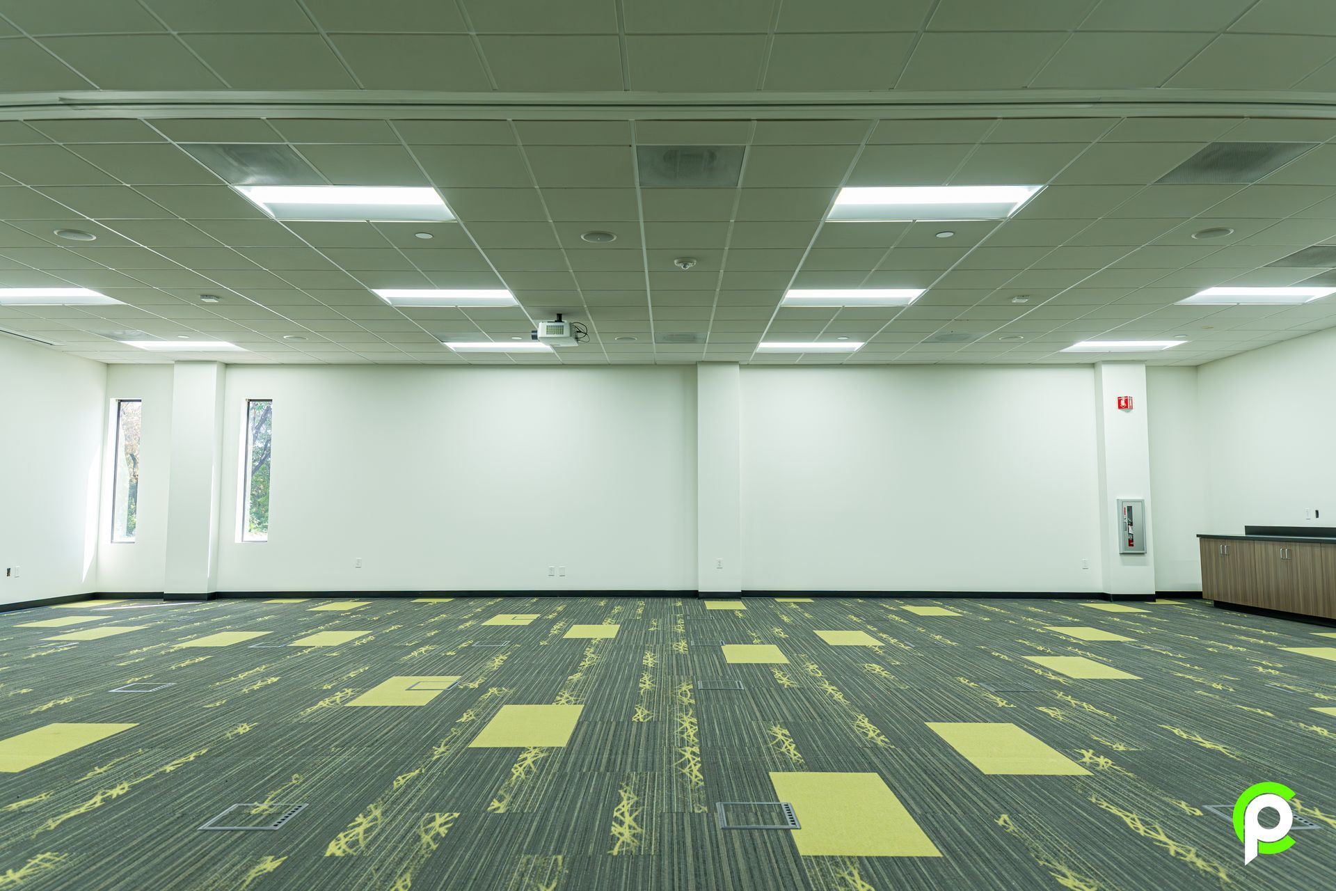 A large empty room with a green carpet and white walls.