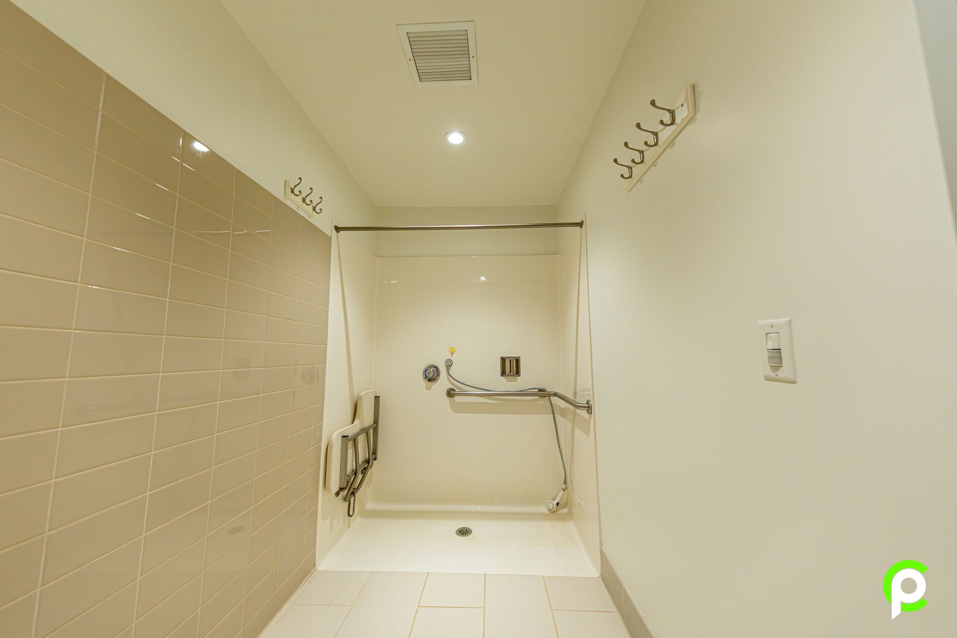 A bathroom with a walk in shower and a hand rail.