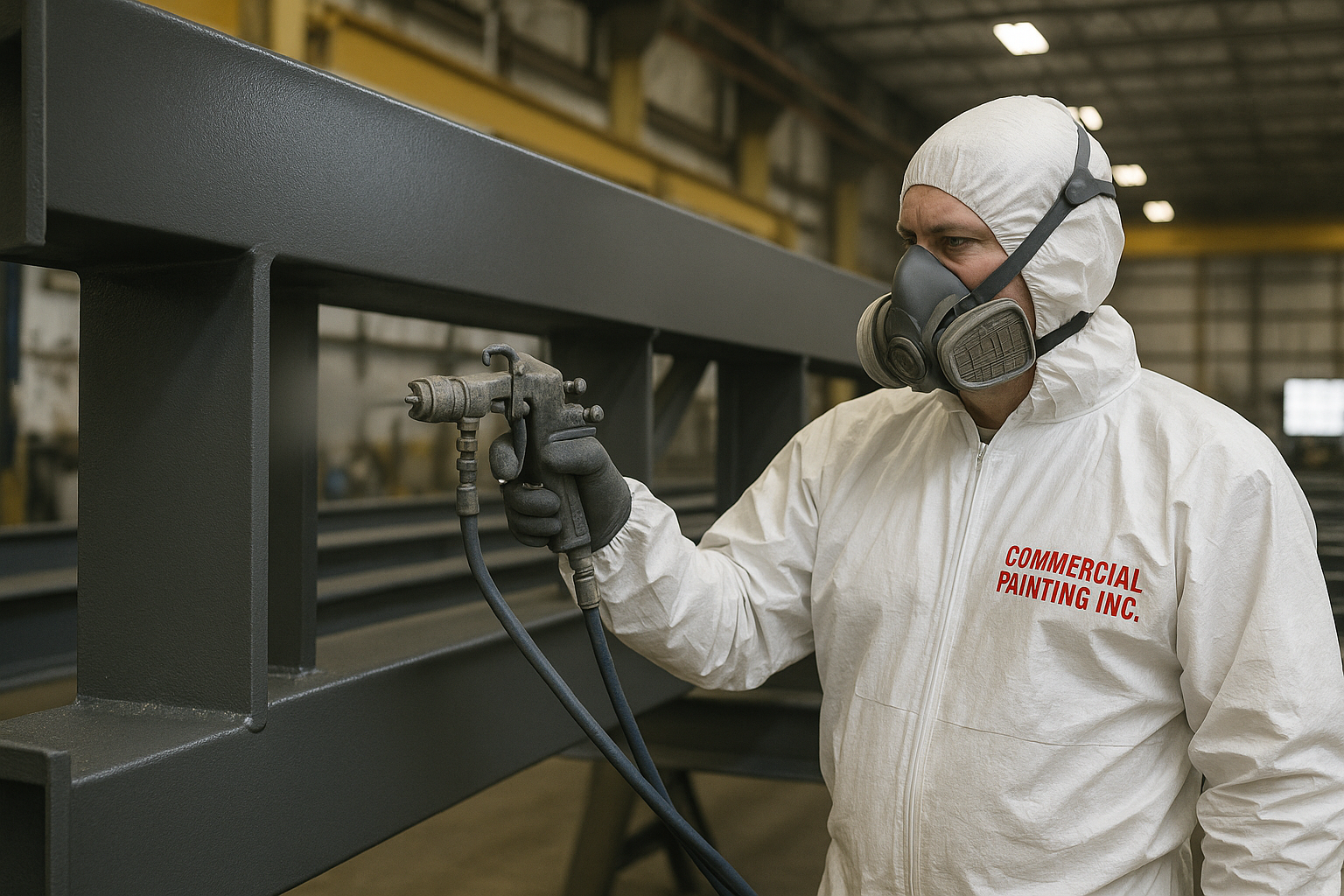 Person in protective suit sprays paint on metal structure.