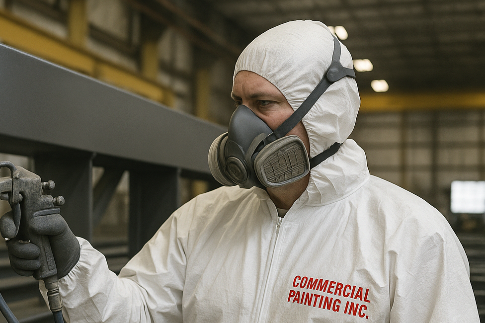 Lead-safe certified renovator wearing PPE during commercial painting project.