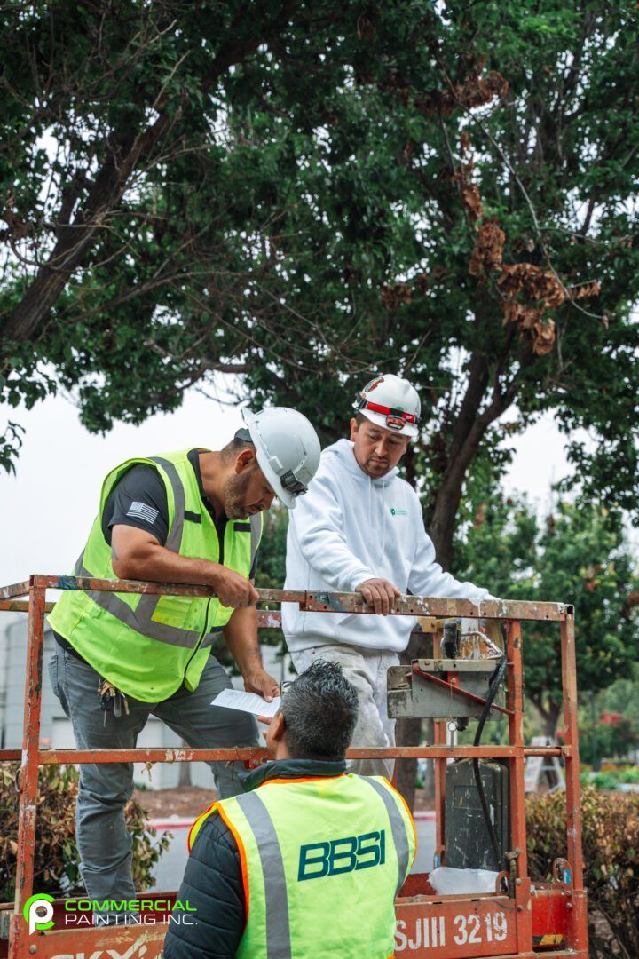 A group of construction workers are working on a tree.
