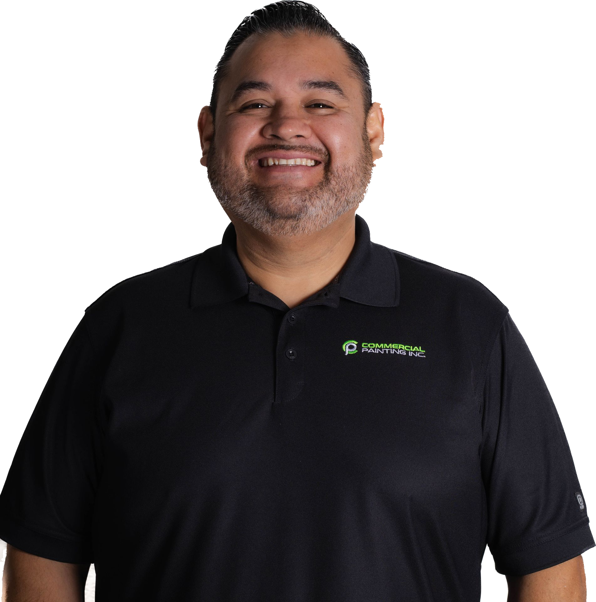 A man with a beard wearing a black polo shirt