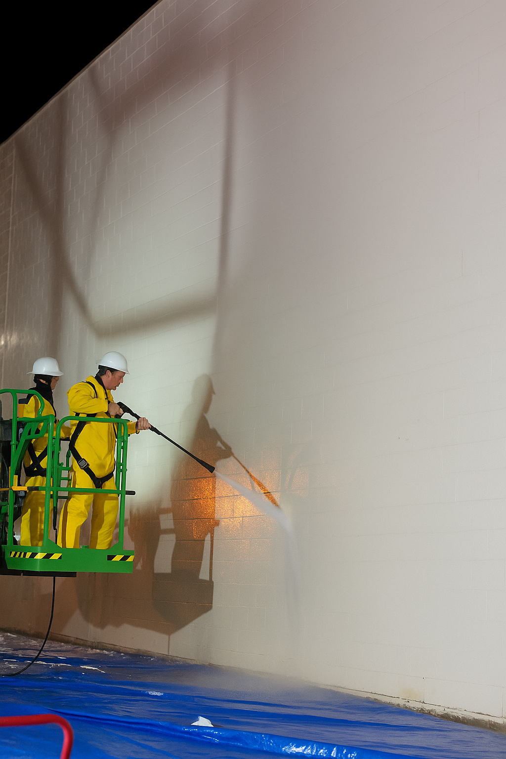 Two workers in yellow hazmat suits, on a lift, cleaning a large white tank with a high-pressure washer.