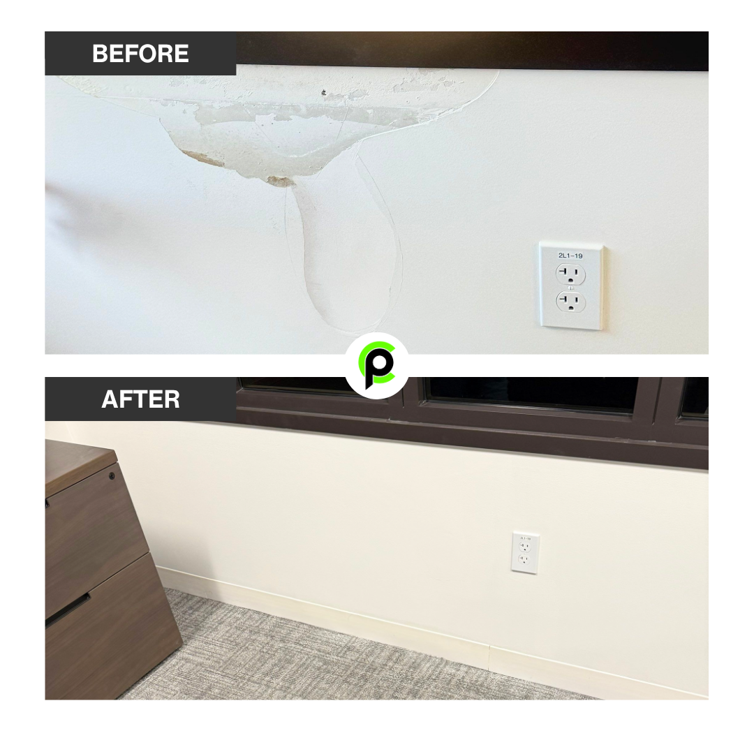 A before and after comparison of a professional drywall water damage repair.