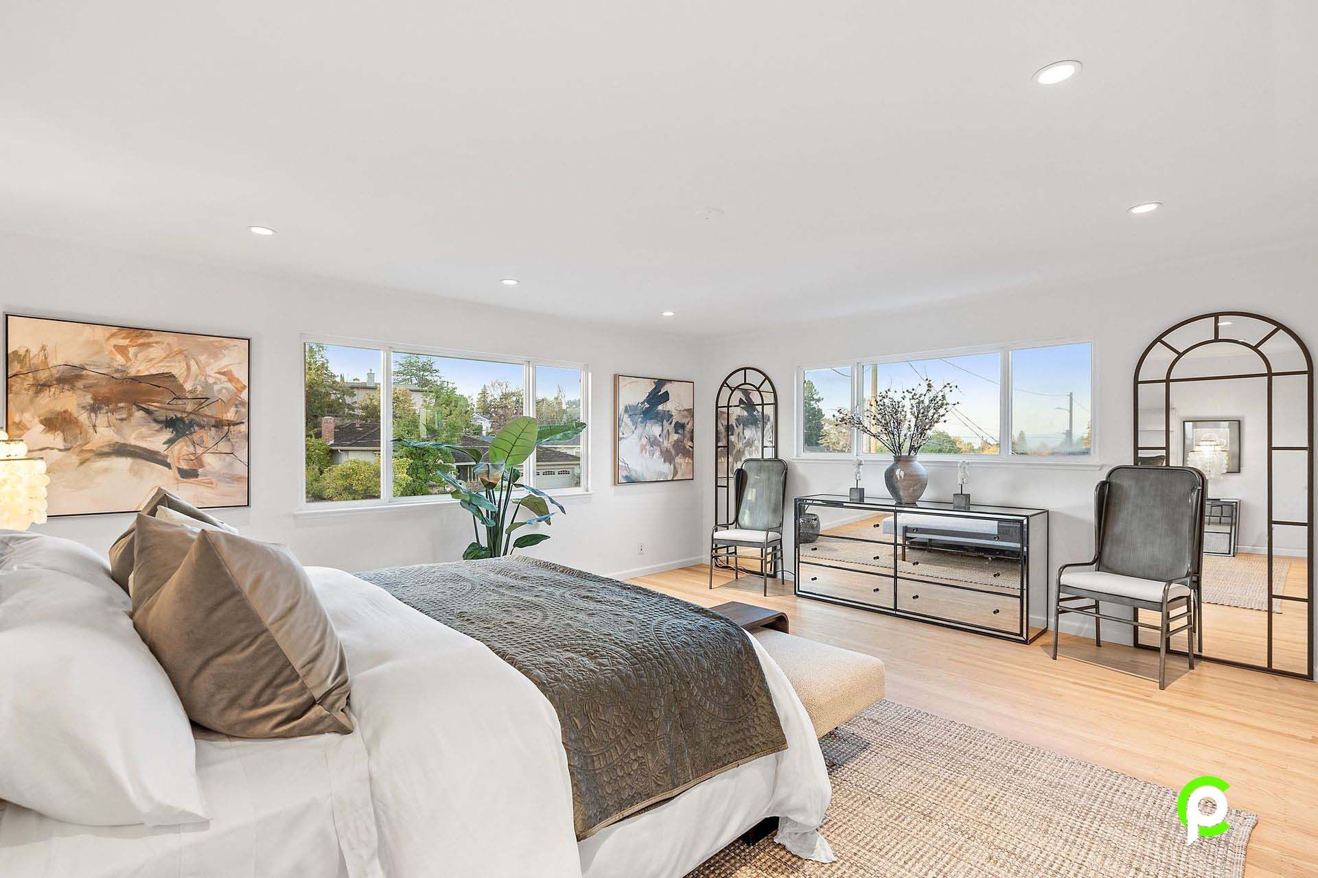 There is a large bed in the middle of the room.