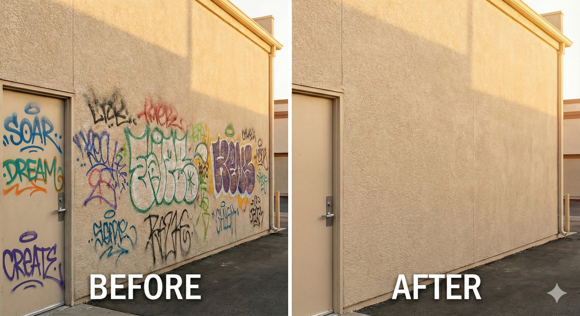 Before and after comparison of a stucco commercial wall; left side covered in graffiti tags, right side clean after anti-graffiti coating application. 