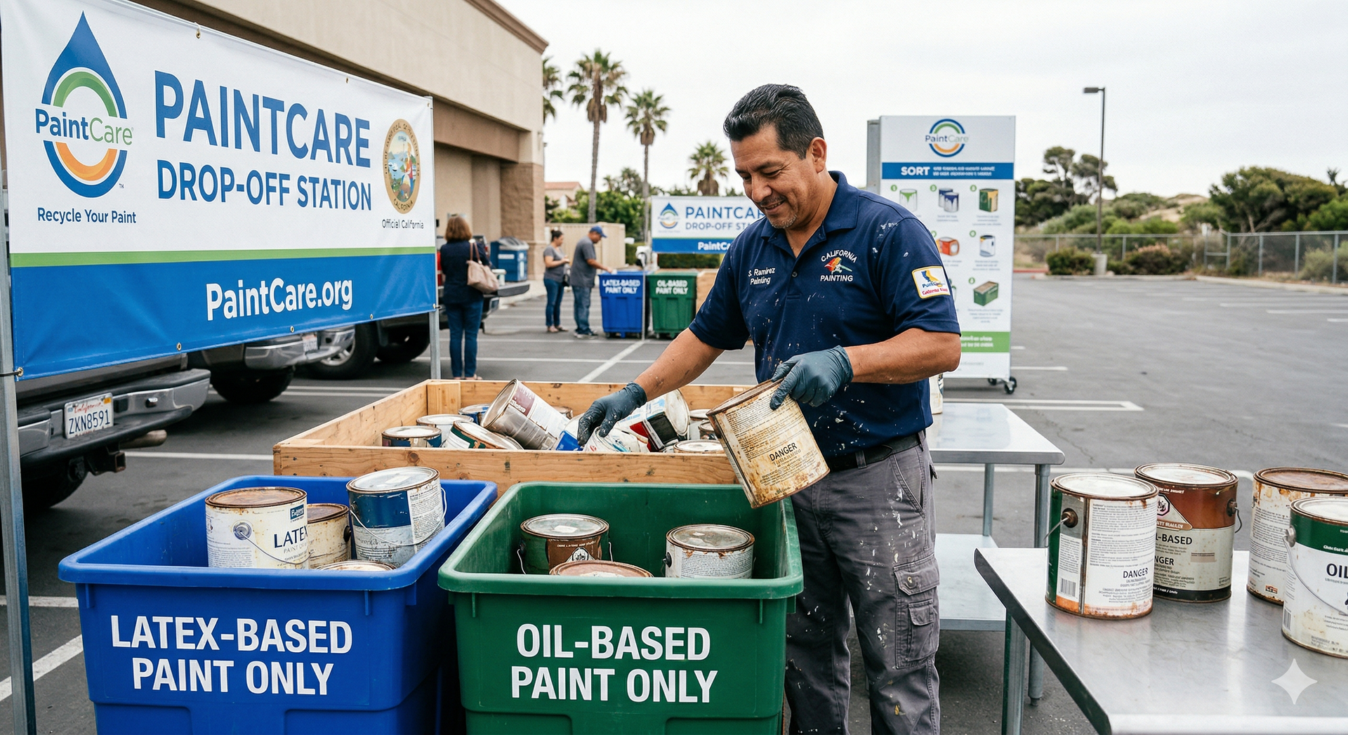 Professional painter sorting latex and oil-based paint cans for recycling at a California PaintCare