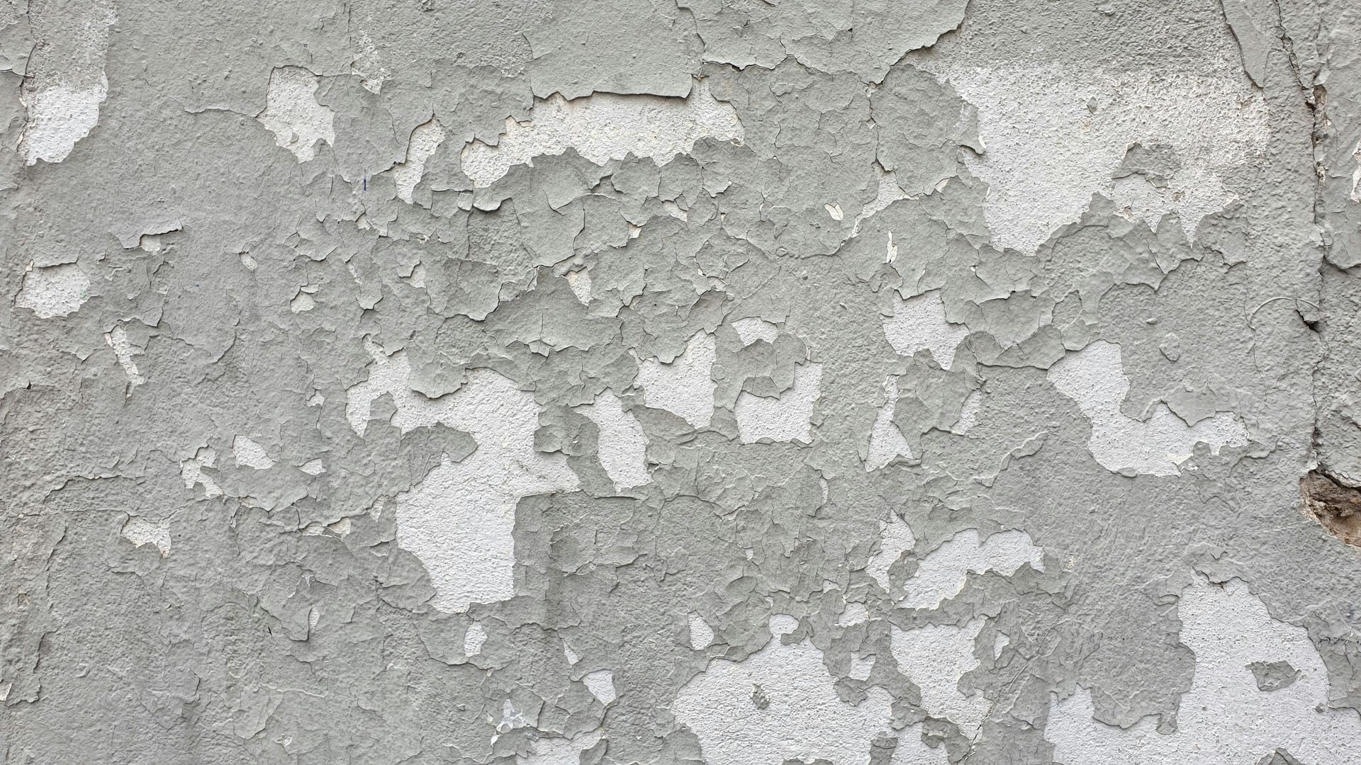 Close-up of peeling commercial stucco paint due to moisture.
