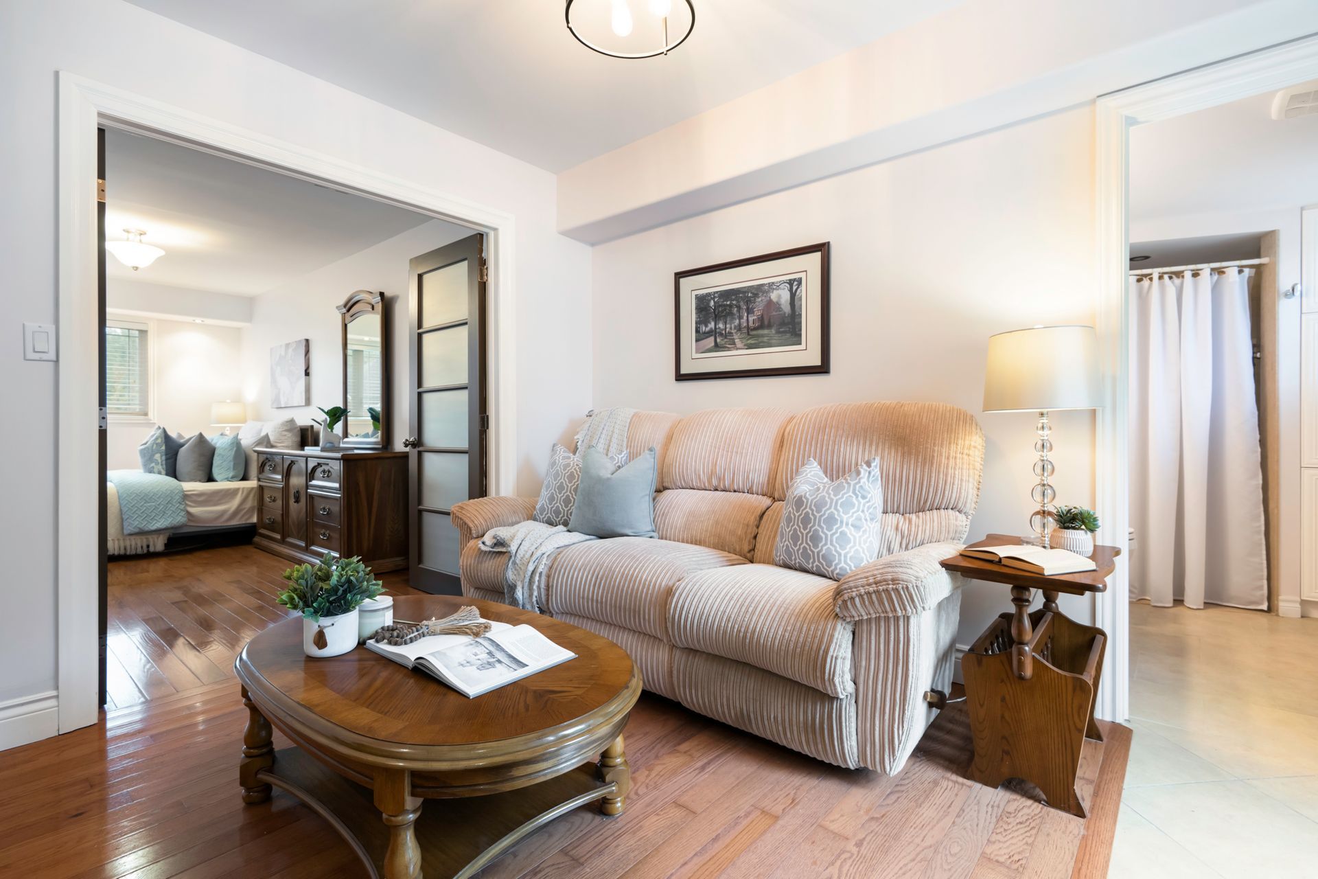 A living room with a couch and a coffee table.
