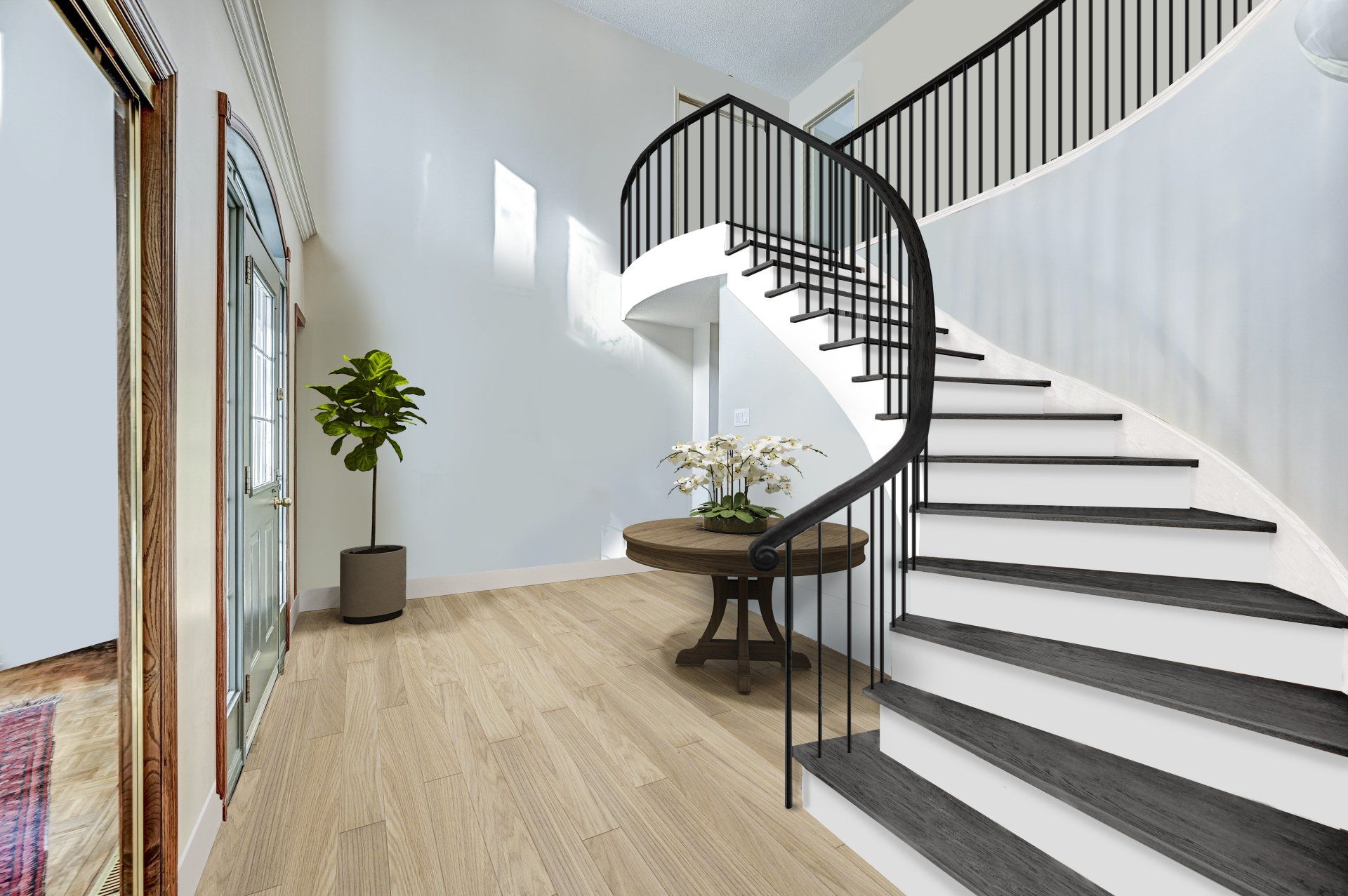 A virtually staged and renovated spiral staircase