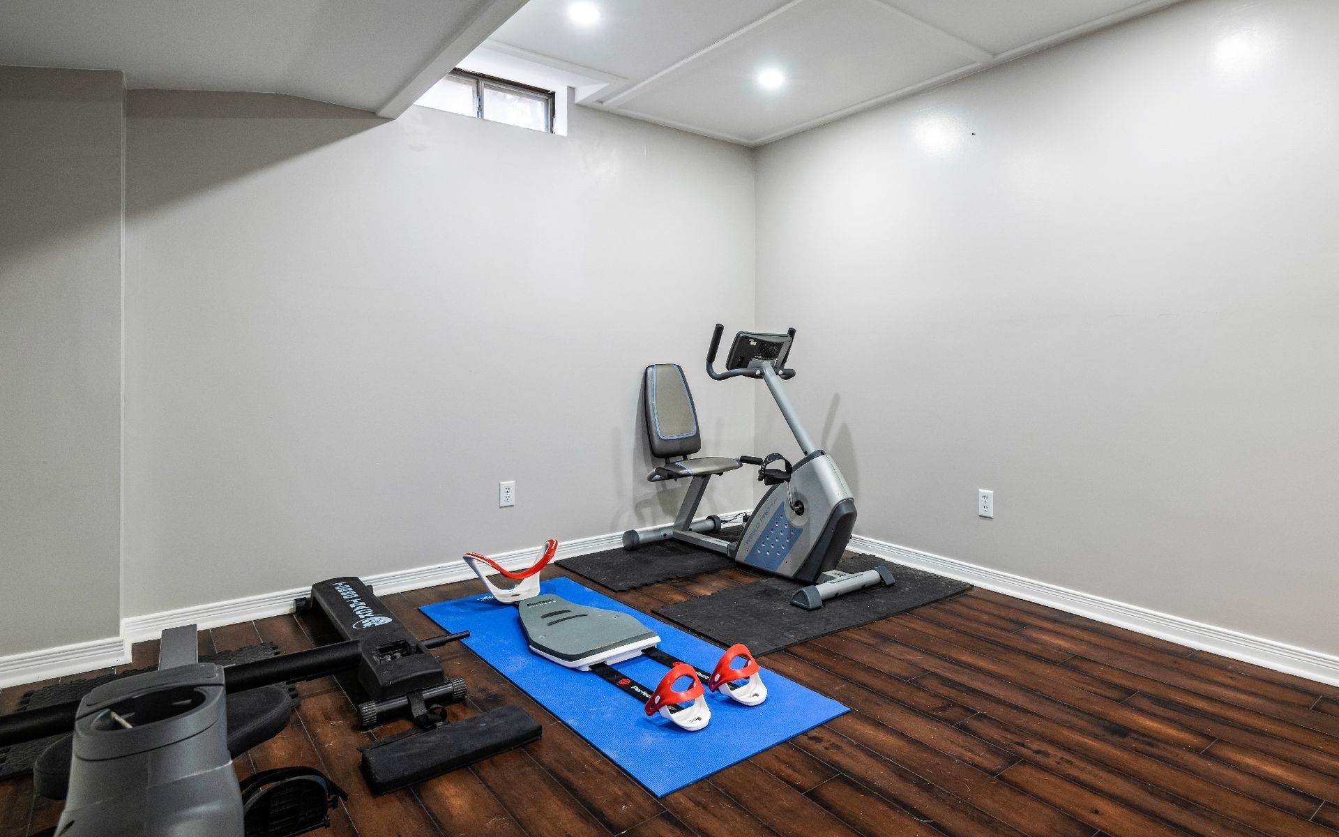 There is a gym in the basement with a lot of equipment.