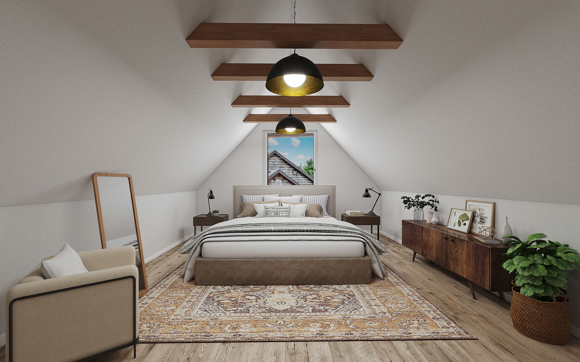 a bedroom in an attic with a bed , chair , dresser and mirror .