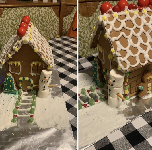 A gingerbread house with a snowman and a christmas tree