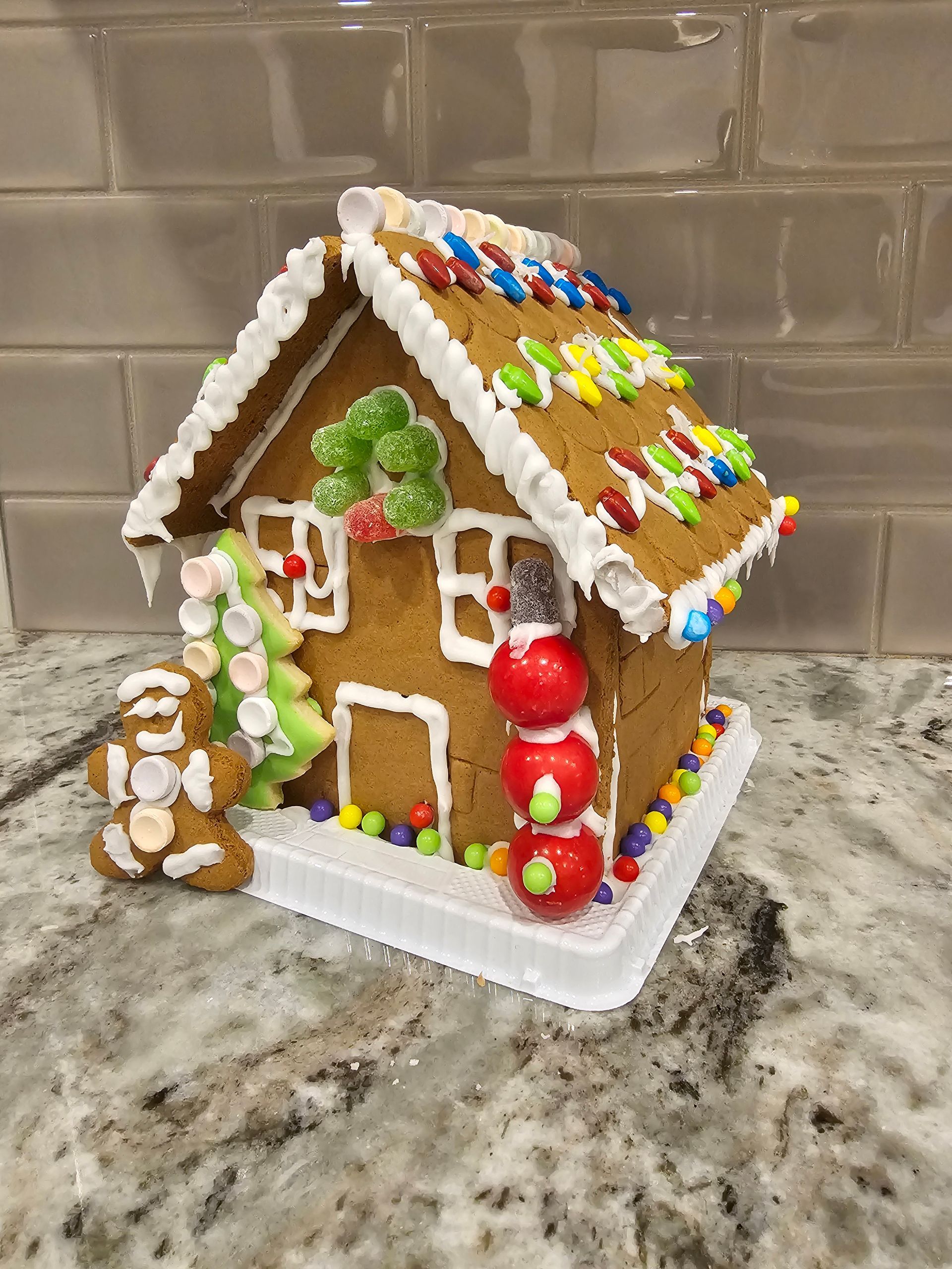 A gingerbread house is sitting on top of a granite counter.