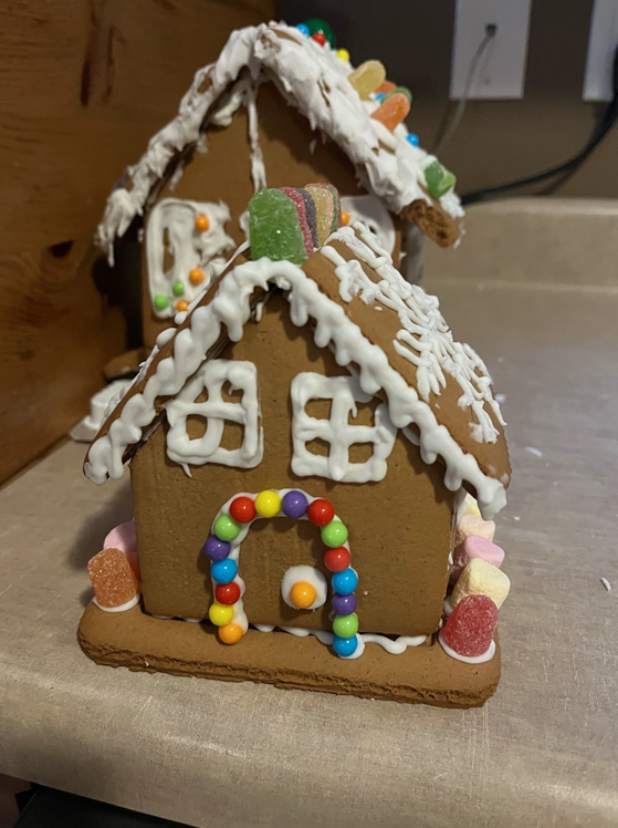 A gingerbread house sitting on top of a counter