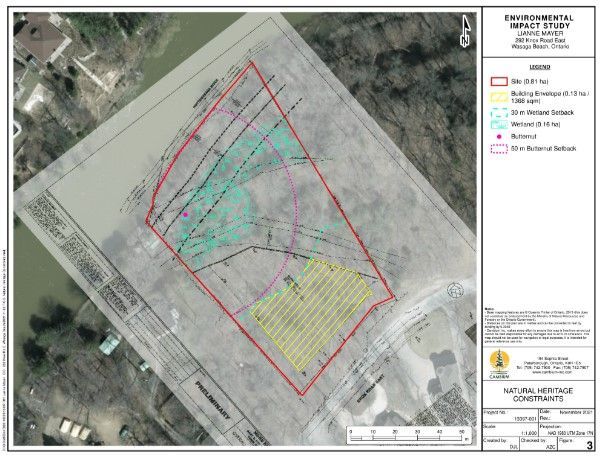 An aerial view of a residential area with a red border