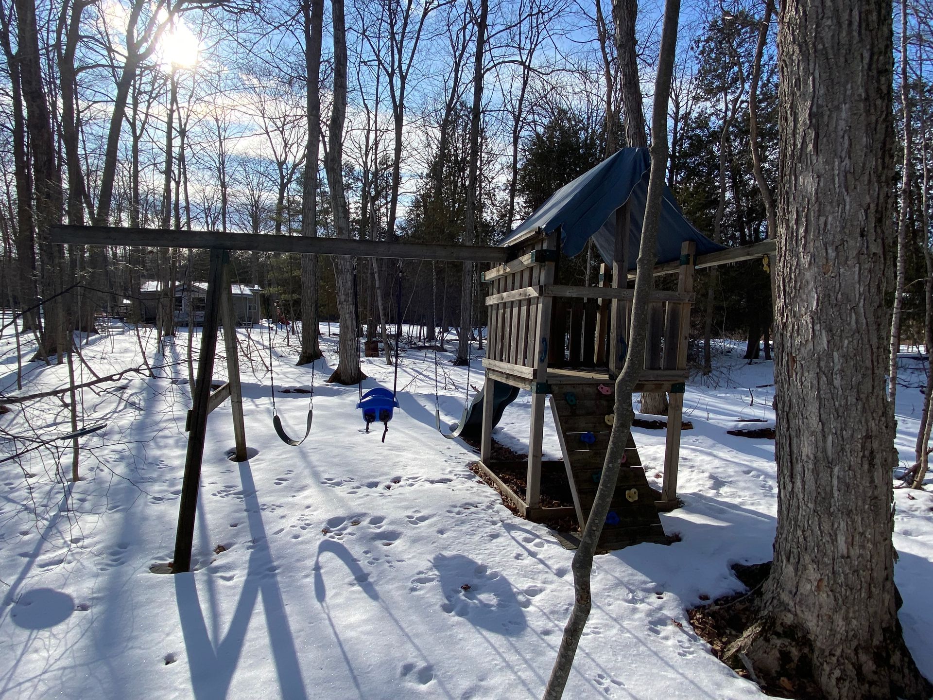 A snowy playground with swings and a slide in the woods