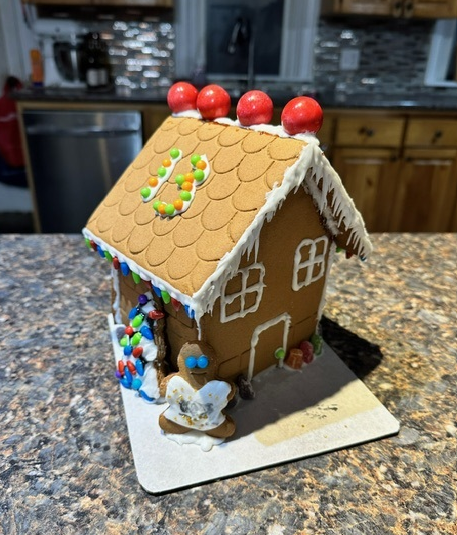 A gingerbread house is sitting on a counter in a kitchen.