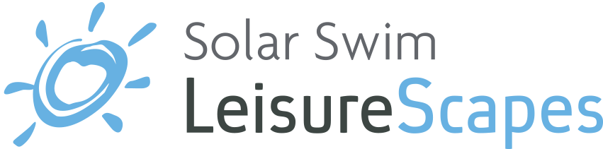 a logo for solar swim leisurescapes with a sun in the middle .