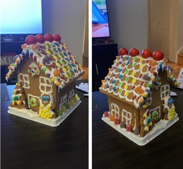 Two pictures of a decorated gingerbread house on a table
